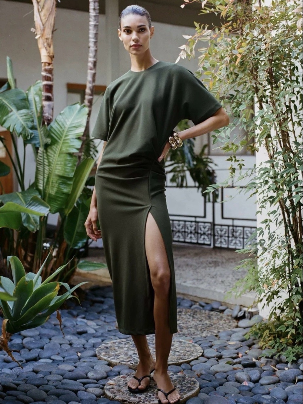 ZARA NWT ❗️RUCHED SLIT MIDI DRESS OLIVE GREEN| REF 1058/153 NWT